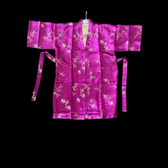 Jin Hon Fushia Metalic Gold Bamboo Pattern Chinese Kimono Robe with Belt NWOT - Picture 1 of 6